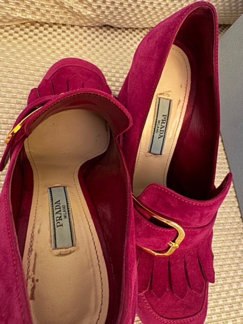Prada Fuchsia Suede Kiltie Fringe Block Heel Loafer Pumps, size 7 - Picture 2 of 8